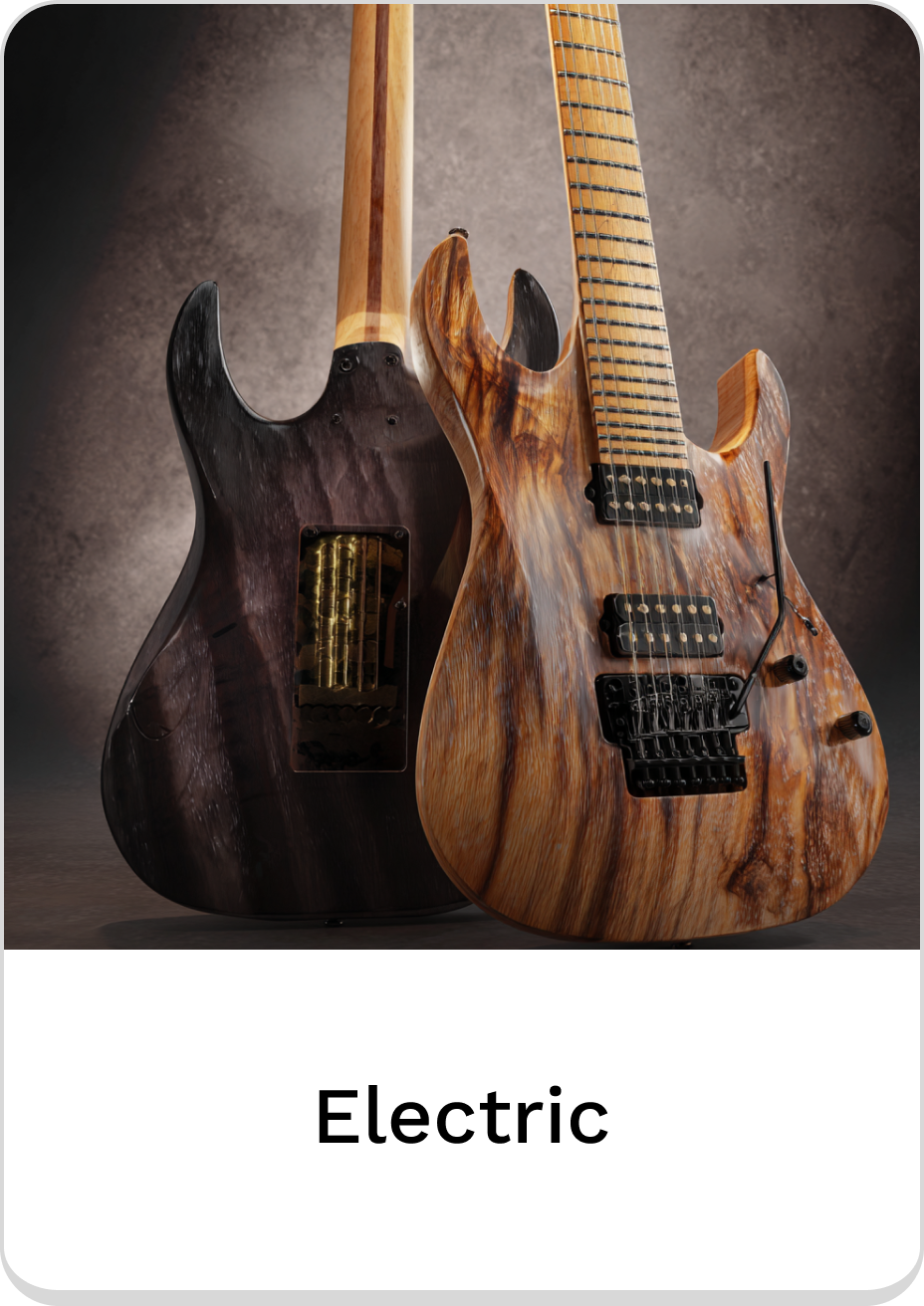 Two stunning electric guitars showcasing unique wood grains and designs.