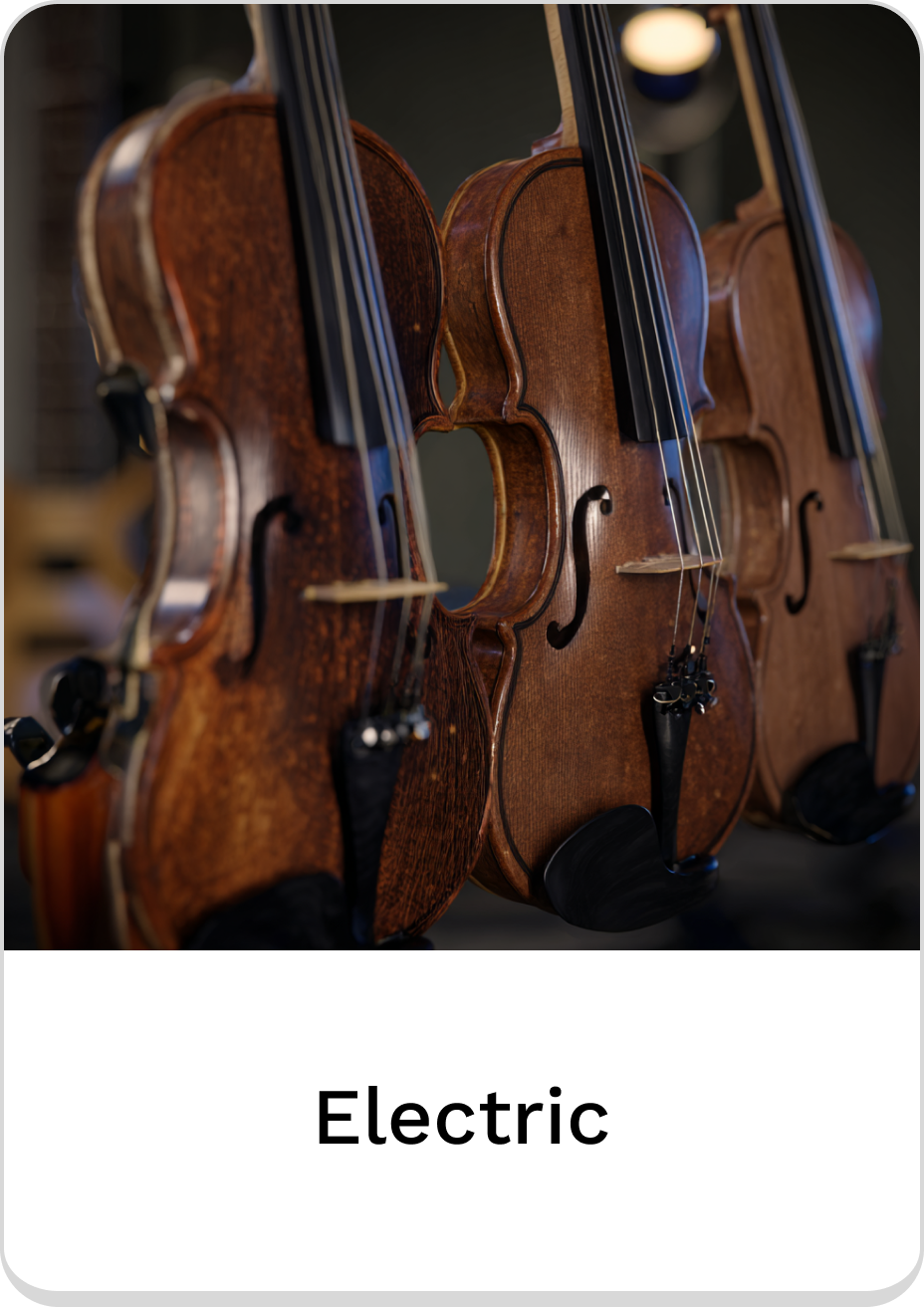 Collection of electric violins showcasing craftsmanship and design.