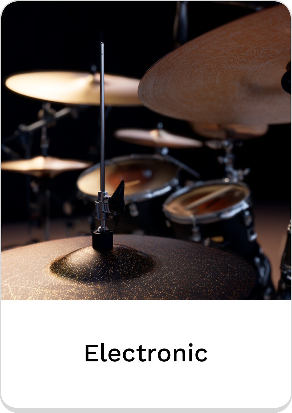 Close-up of a shiny cymbal on an electronic drum set.