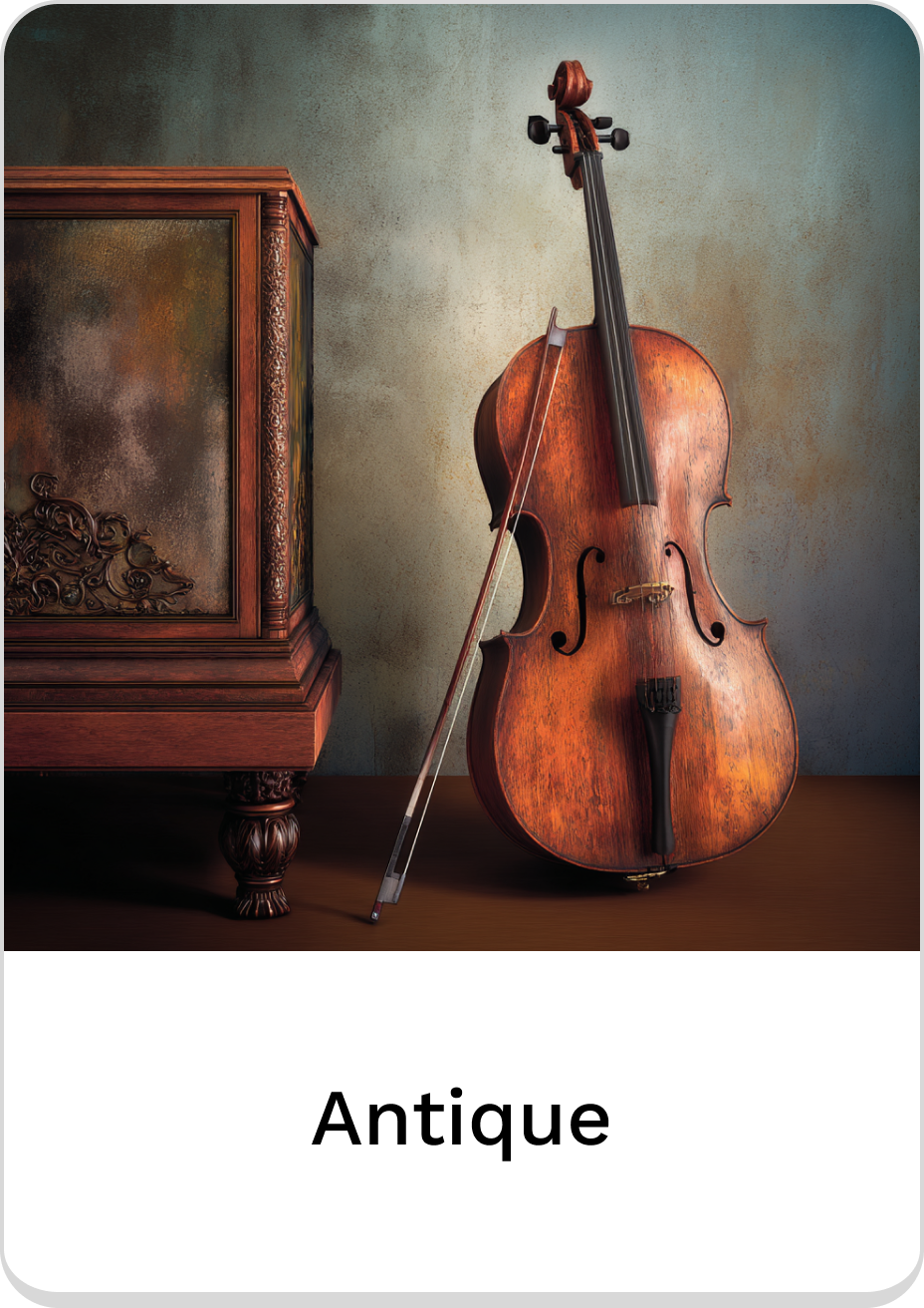 Antique cello next to vintage furniture, showcasing classic craftsmanship and design.