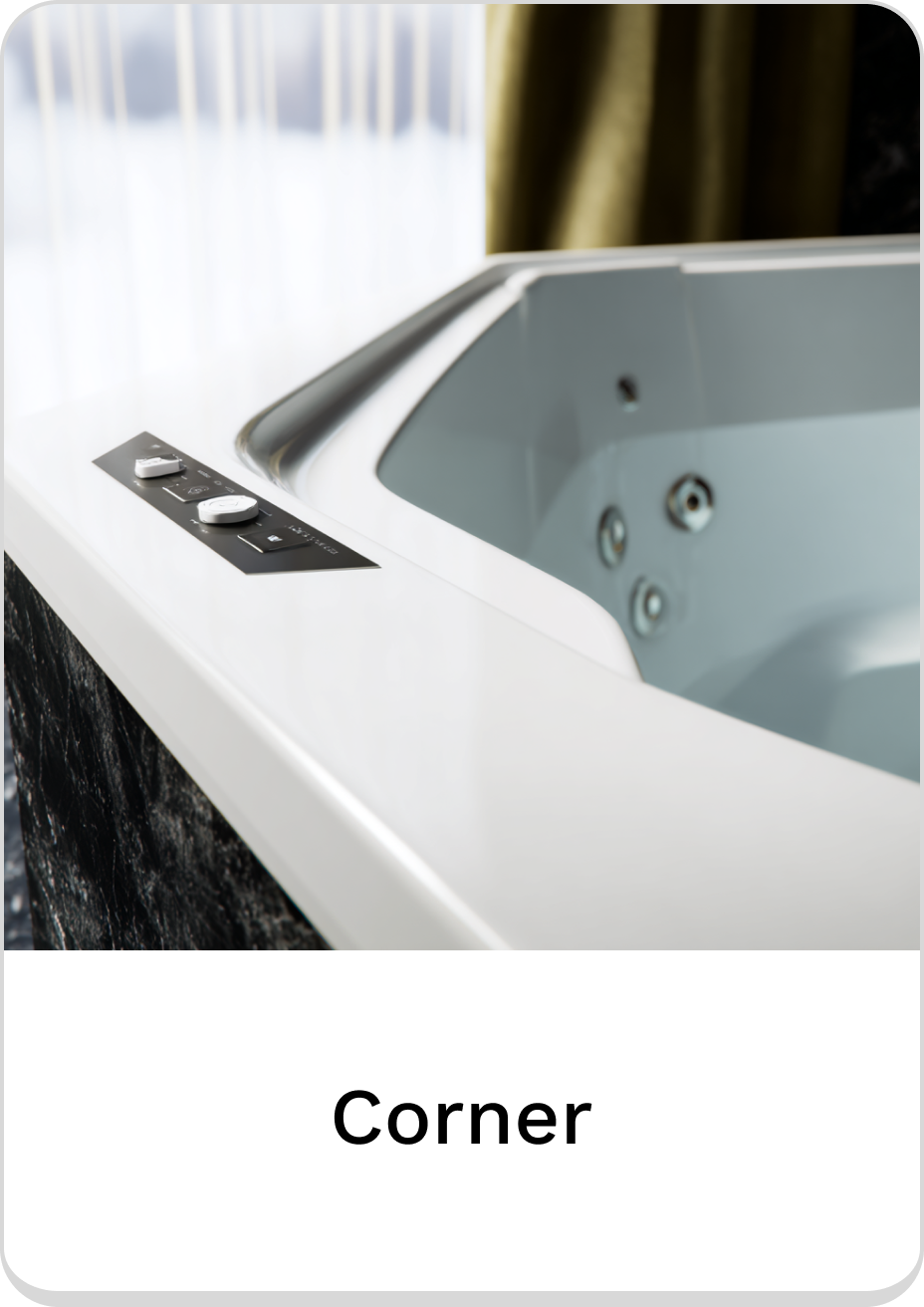Elegant corner hot tub with sleek controls and modern design features.