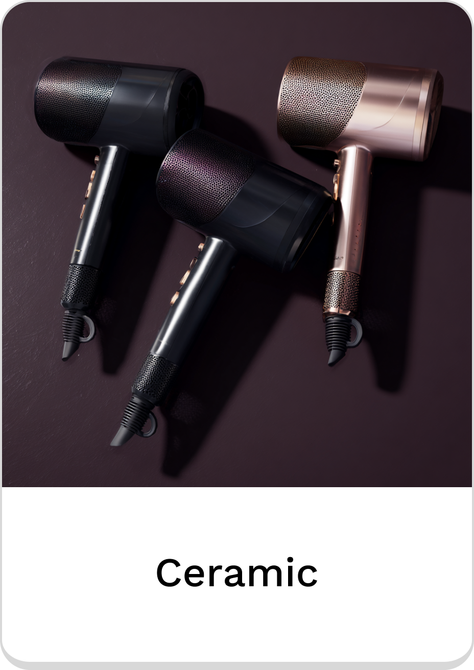 Elegant ceramic hair dryers in sleek black and rose gold designs.