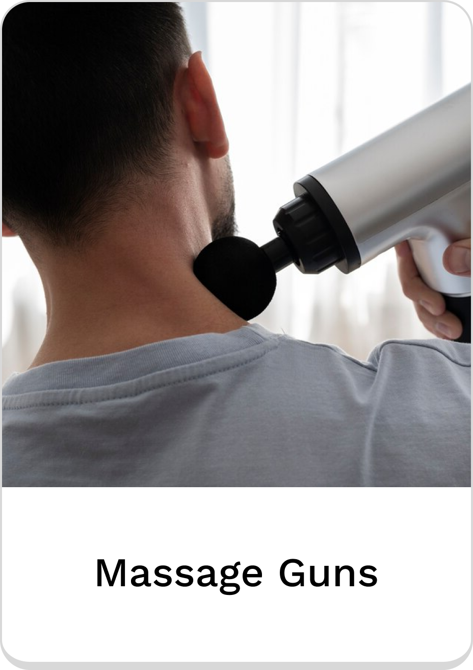 Person using a massage gun for neck relief and relaxation.