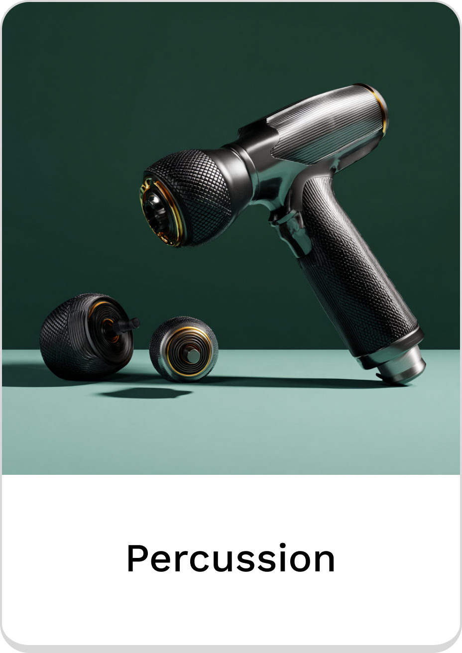 High-quality percussion massage tool with interchangeable attachments on a stylish backdrop.