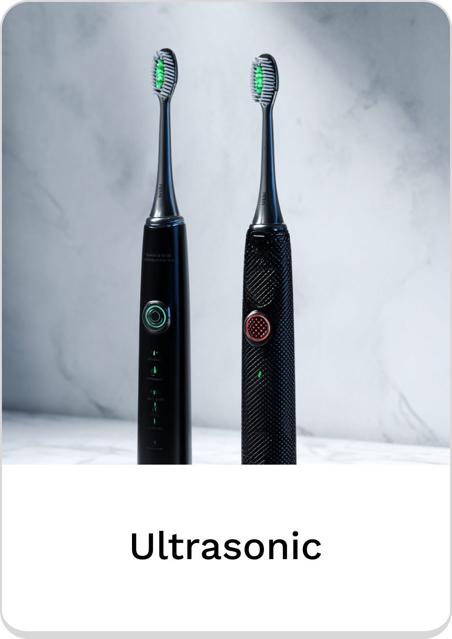Two sleek ultrasonic toothbrushes with smart technology on a marble background.