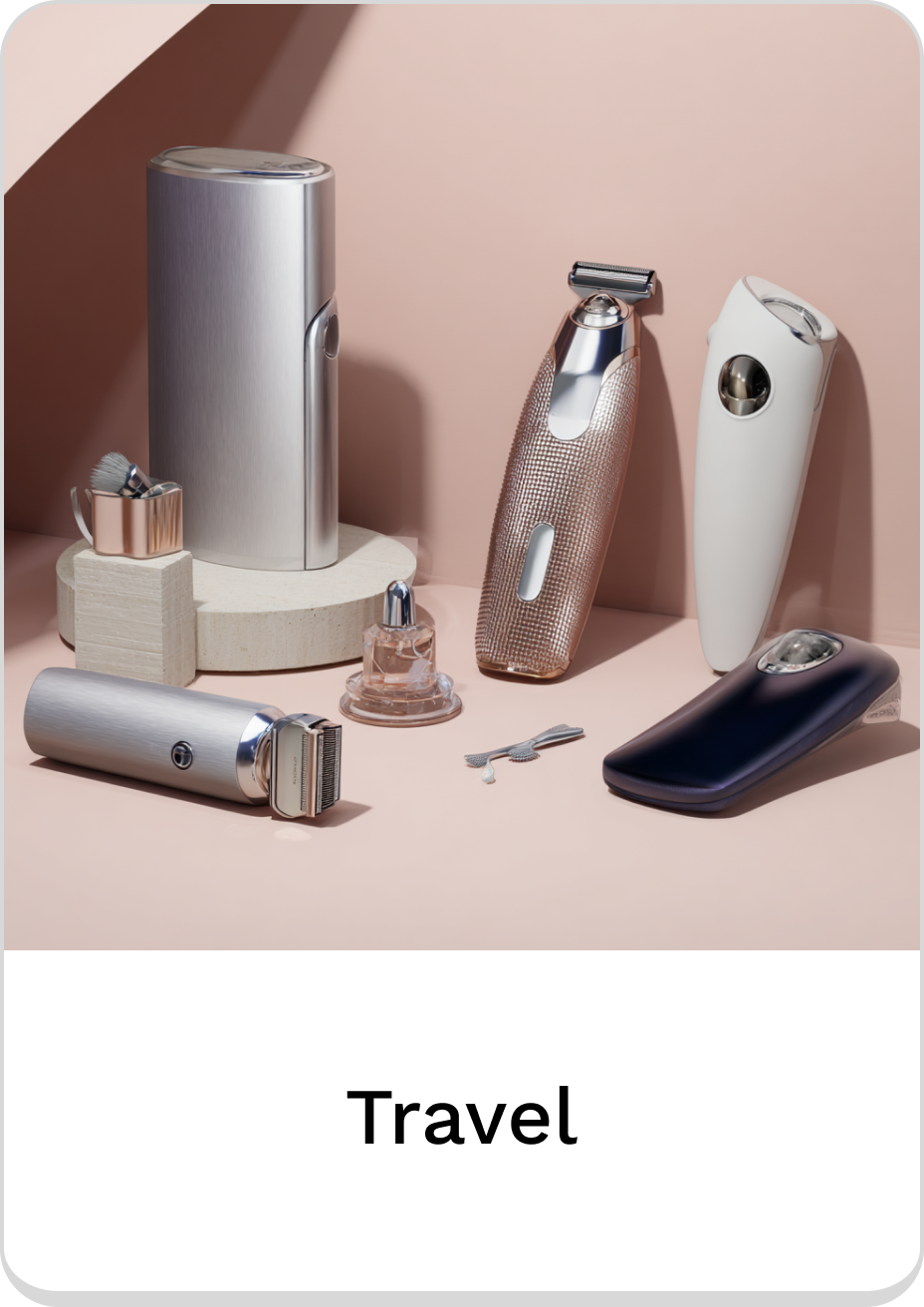 Compact travel grooming tools displayed on a light pink backdrop.