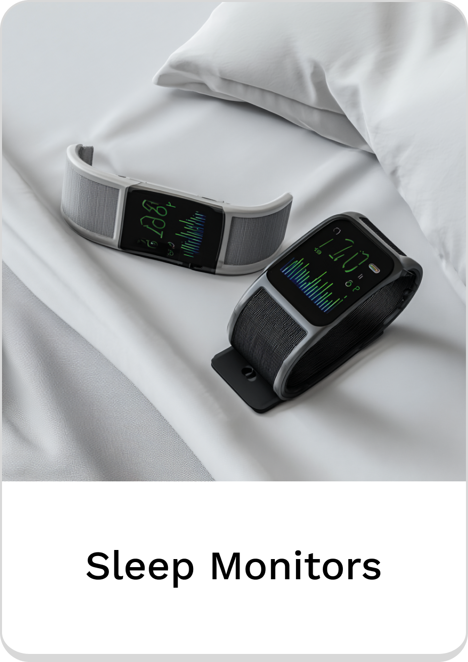 Two sleek sleep monitors showcasing real-time sleep tracking on a bed.