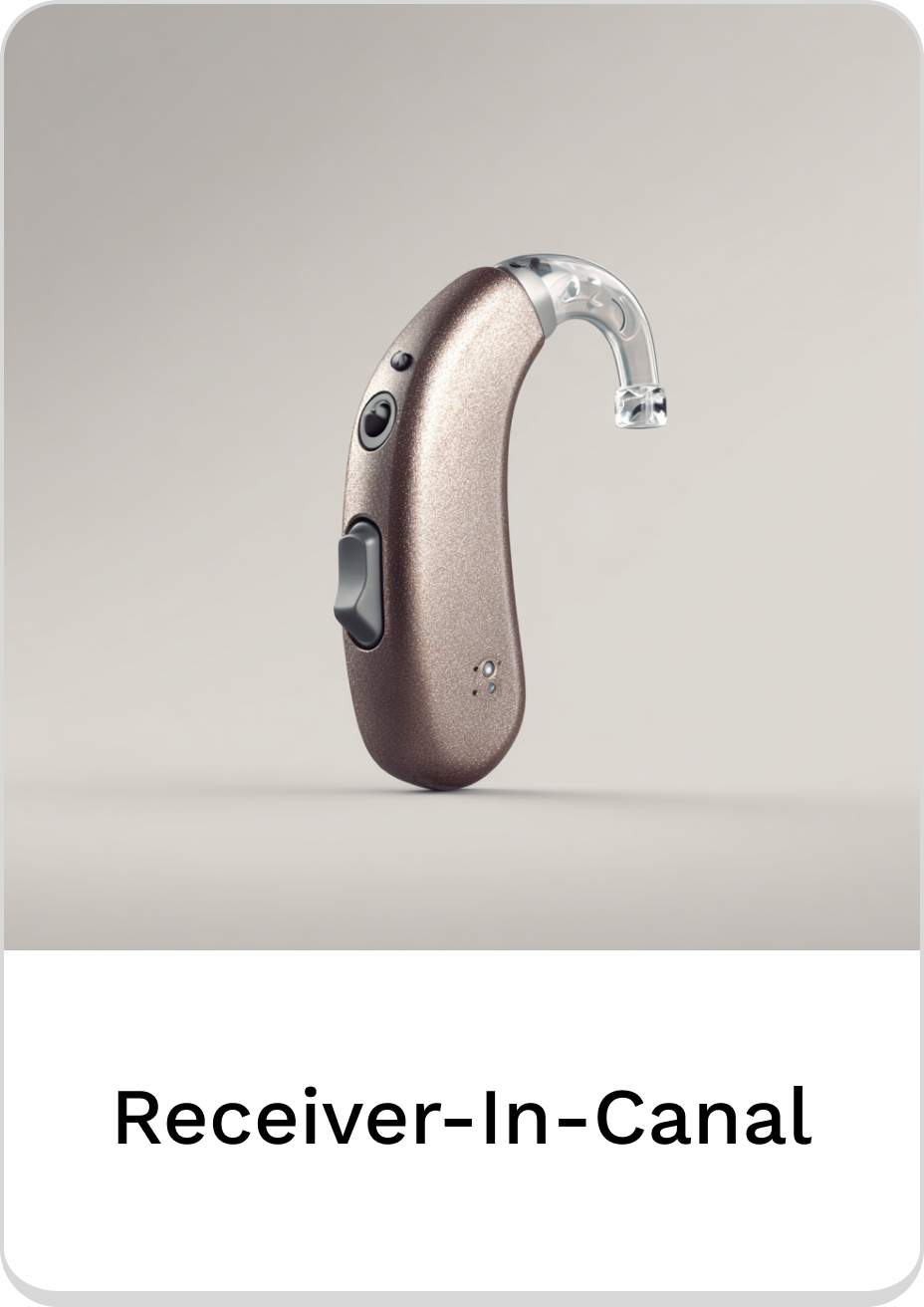 Stylish Receiver-In-Canal hearing aid in elegant bronze color, designed for comfort.