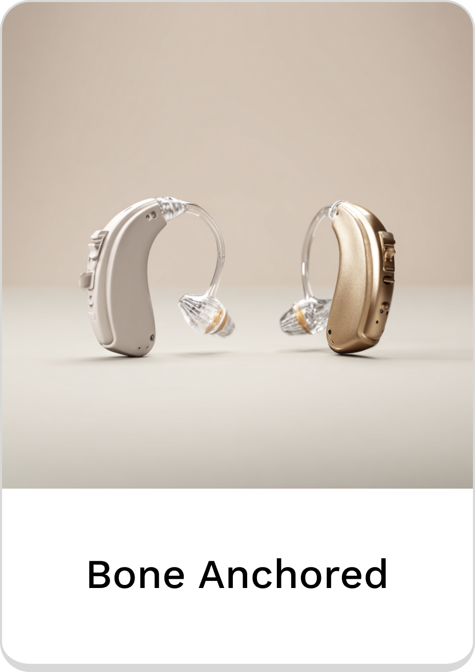 Stylish bone anchored hearing aids in beige and gold for enhanced sound clarity.