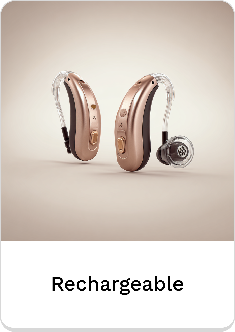 Stylish rechargeable hearing aids designed for enhanced sound quality and comfort.