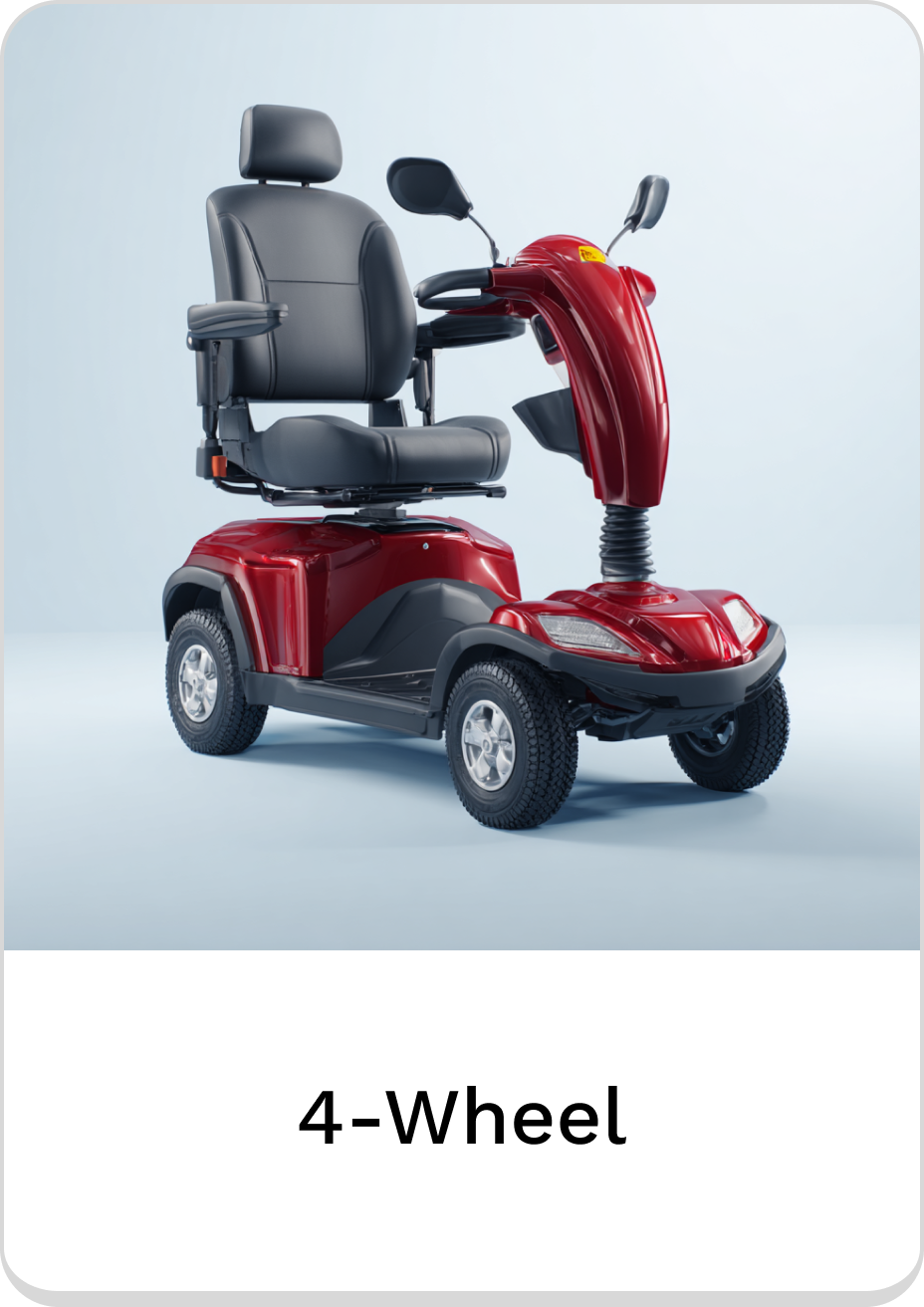 Red 4-wheel mobility scooter featuring a comfortable seat and easy maneuverability.