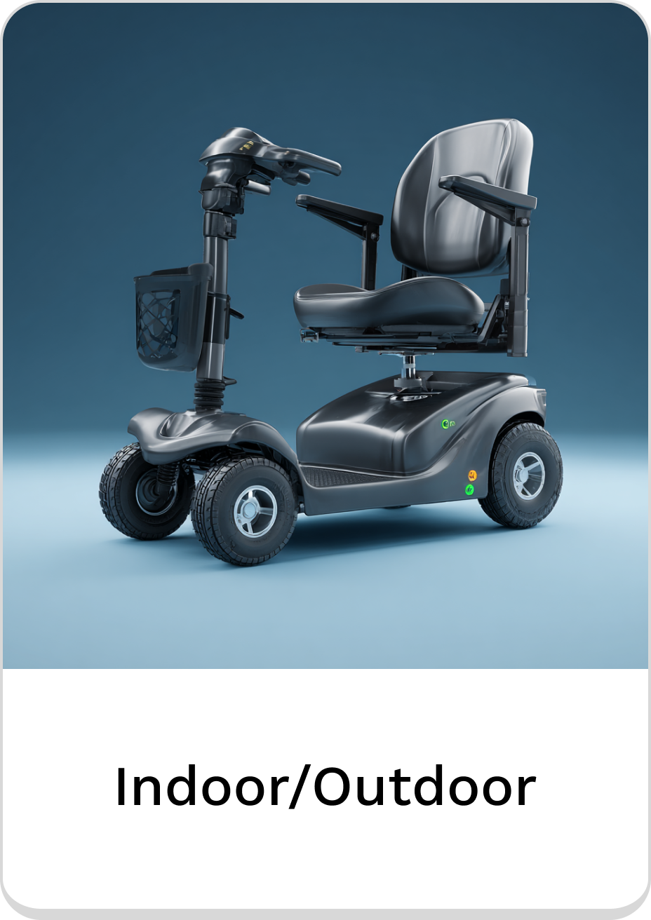 Compact indoor/outdoor mobility scooter for easy transportation and accessibility.