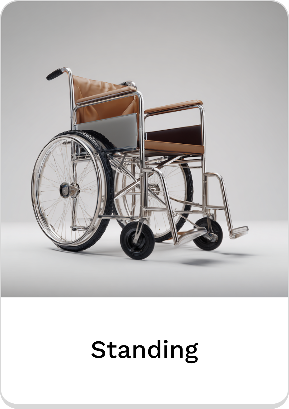Durable standing wheelchair with ergonomic seating and robust wheels for mobility.
