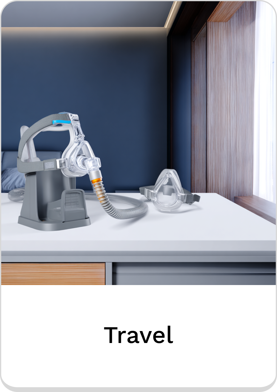 Compact travel CPAP device on a bedside table for restful sleep on the go.
