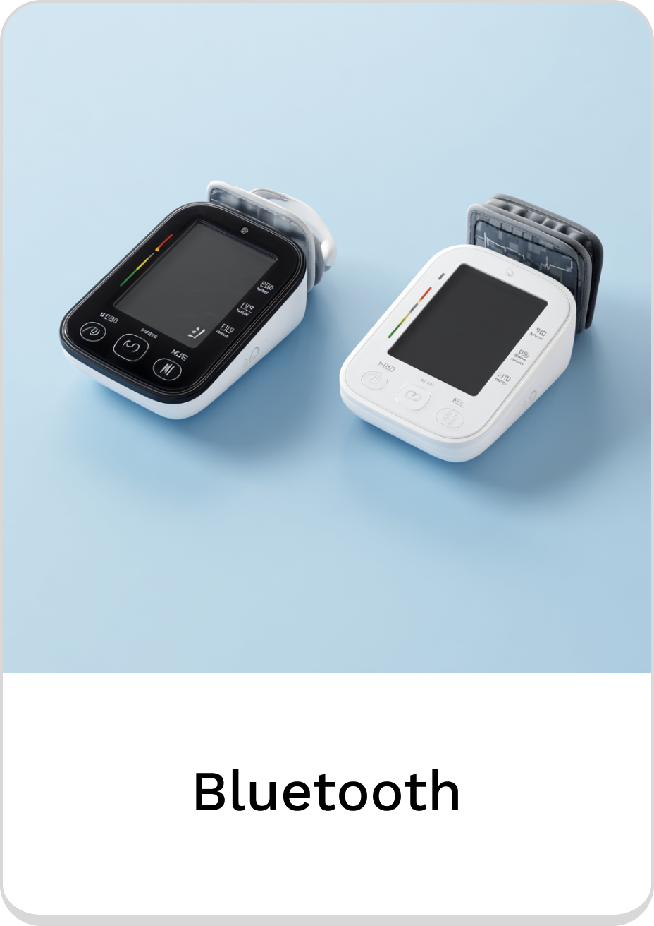 Bluetooth-enabled blood pressure monitors in sleek designs on a blue background.