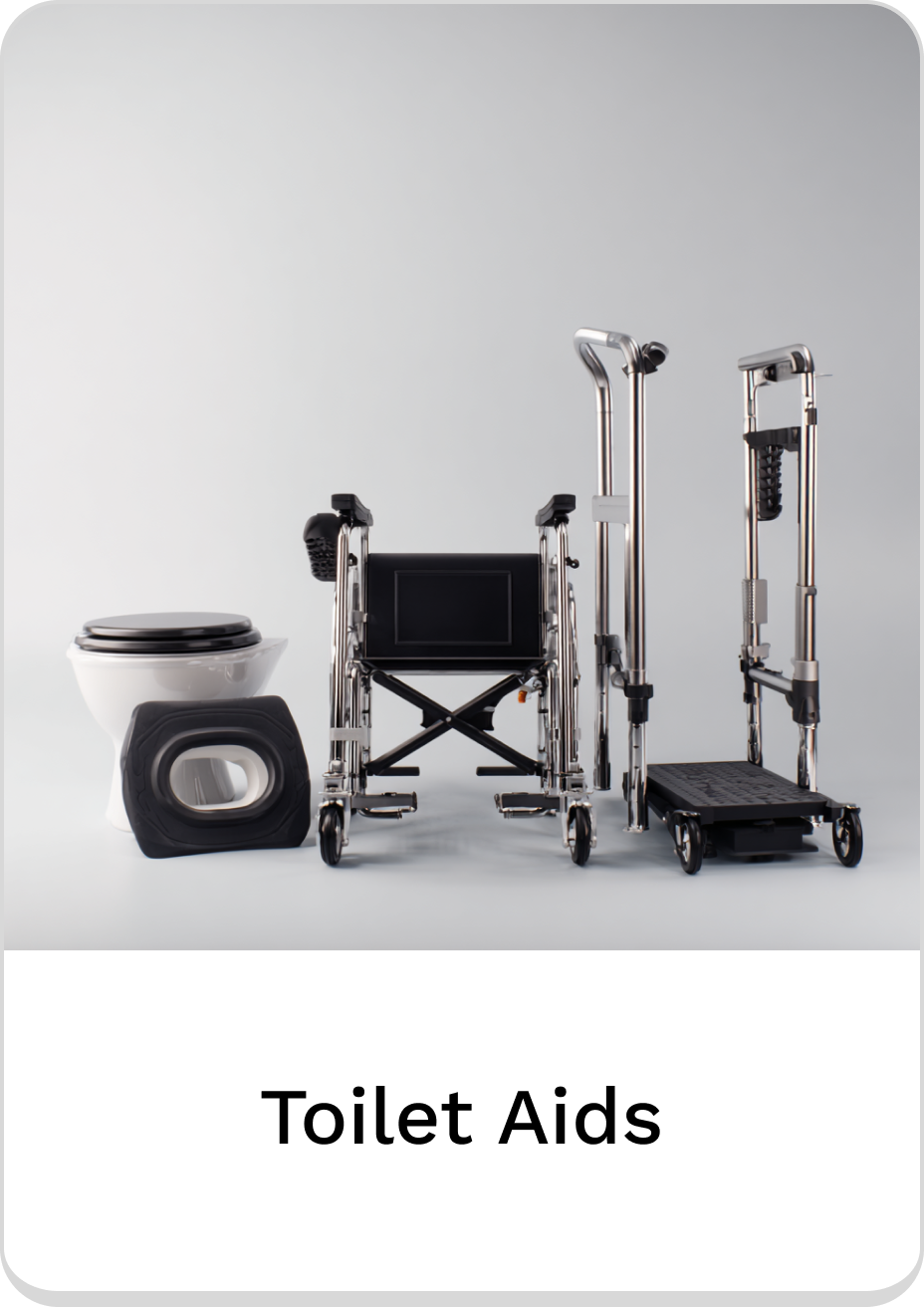 Variety of toilet aids, including a commode, transfer board, and shower chair.