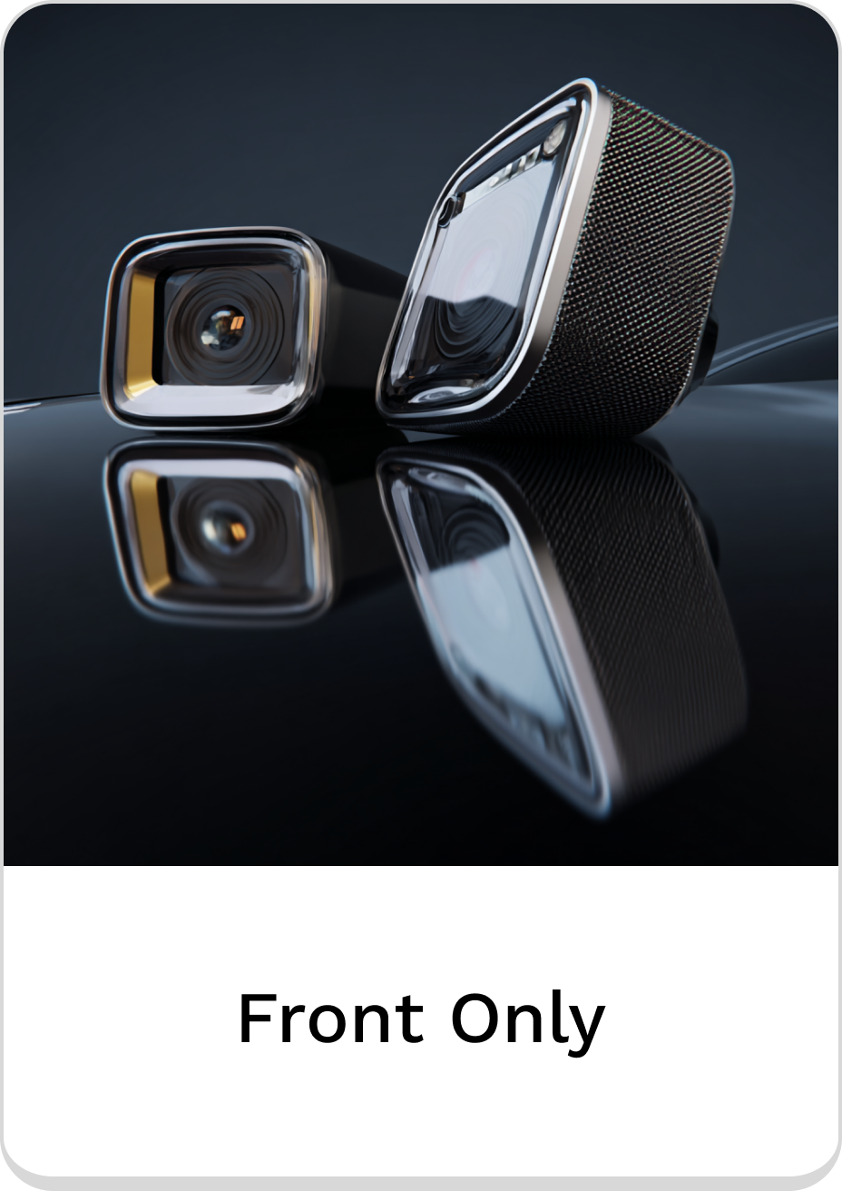 Two sleek front-only camera lenses reflecting on a black surface.