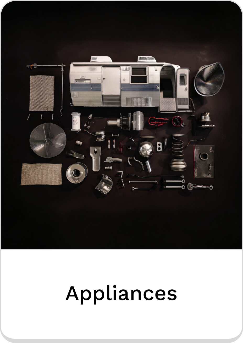 Assorted appliance parts displayed for home repair and maintenance needs.