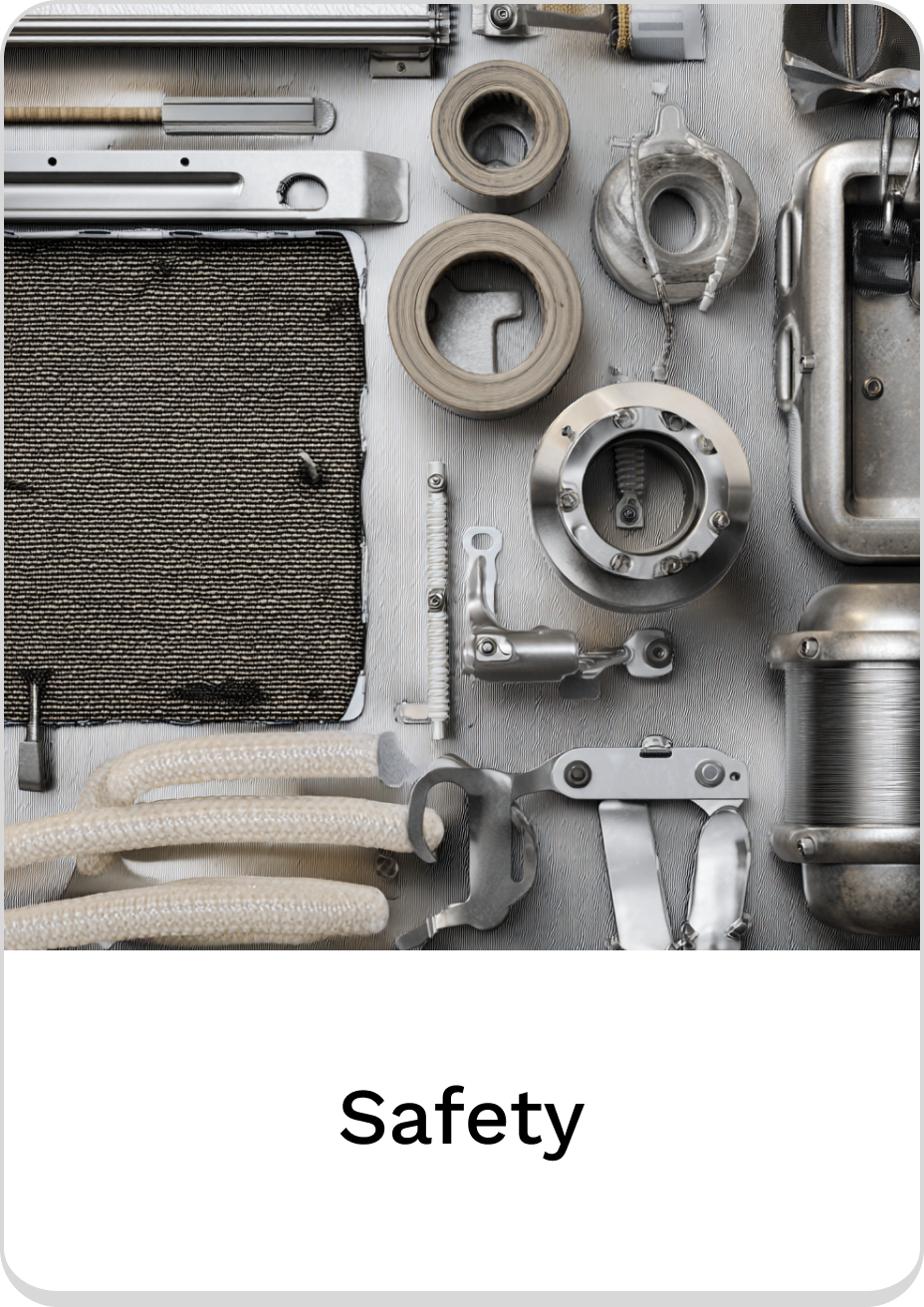 Variety of tools and equipment for safety applications, arranged neatly.