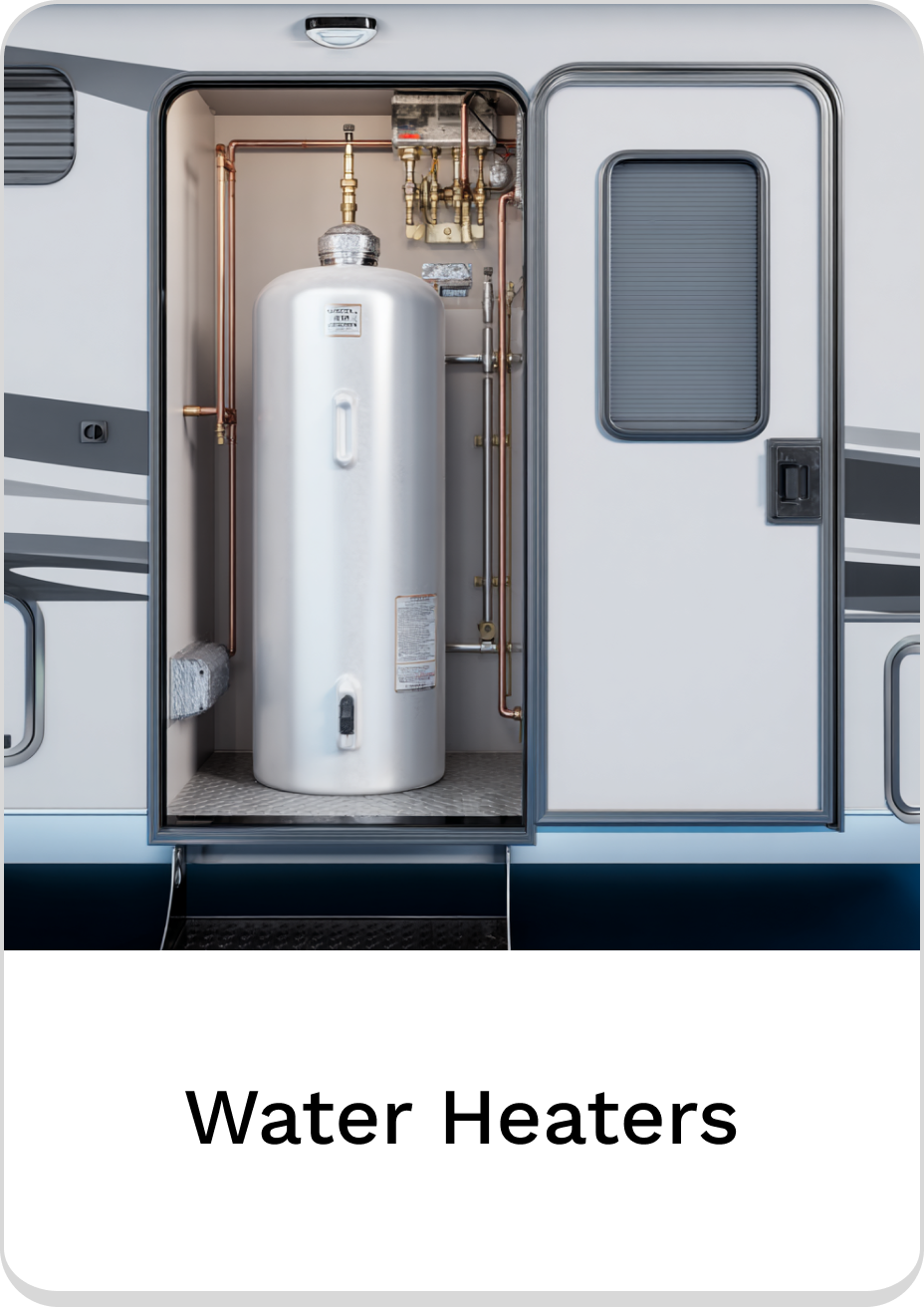 Sleek RV water heater showcased in an exterior compartment for easy access.