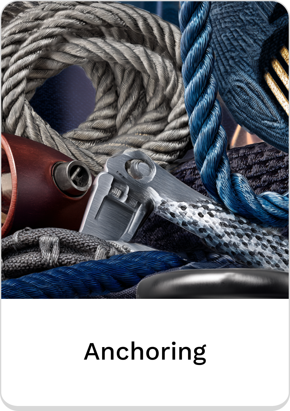 Variety of durable ropes and hardware for anchoring applications.