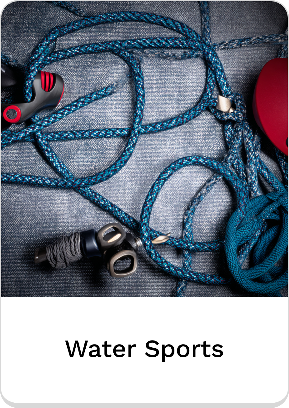 Assorted ropes and gear for various water sports activities.