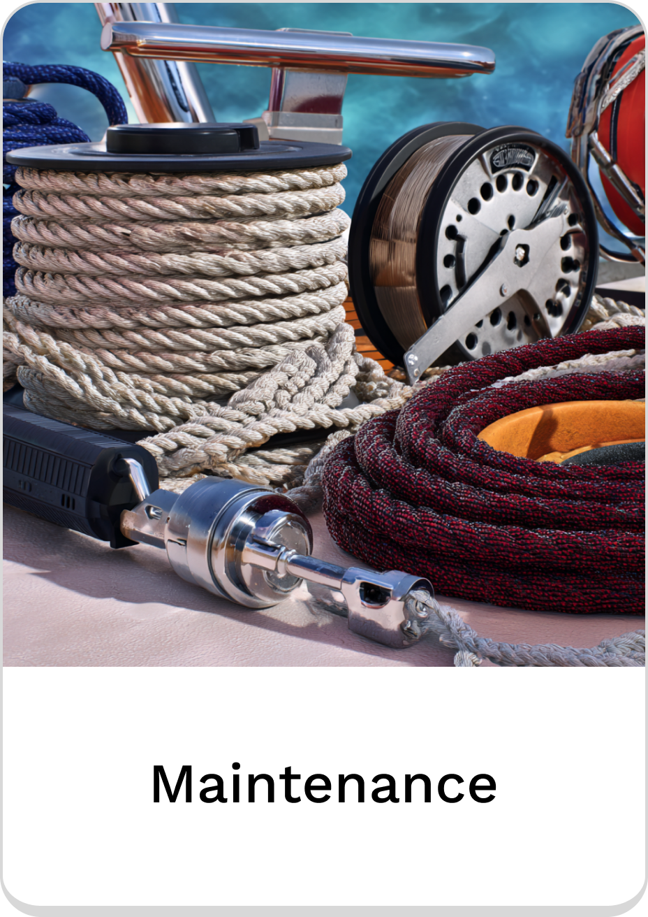 Variety of ropes and tools for boat maintenance essentials.