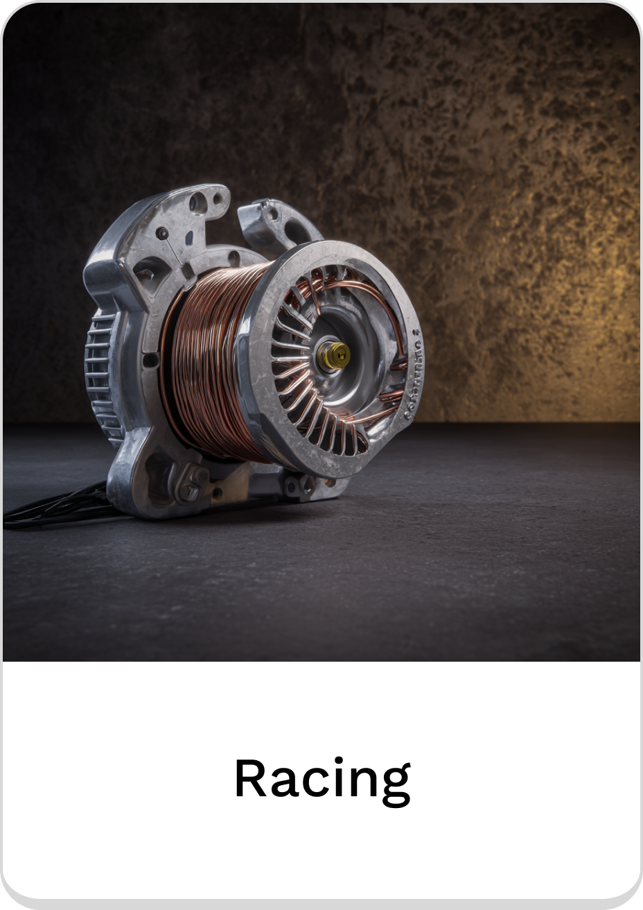 High-performance racing alternator with copper wiring and sleek design.
