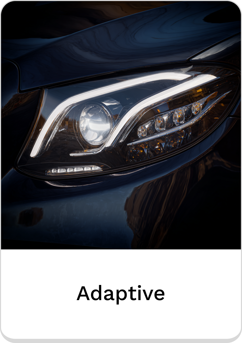 Close-up of adaptive car headlight showcasing modern design and innovative technology.