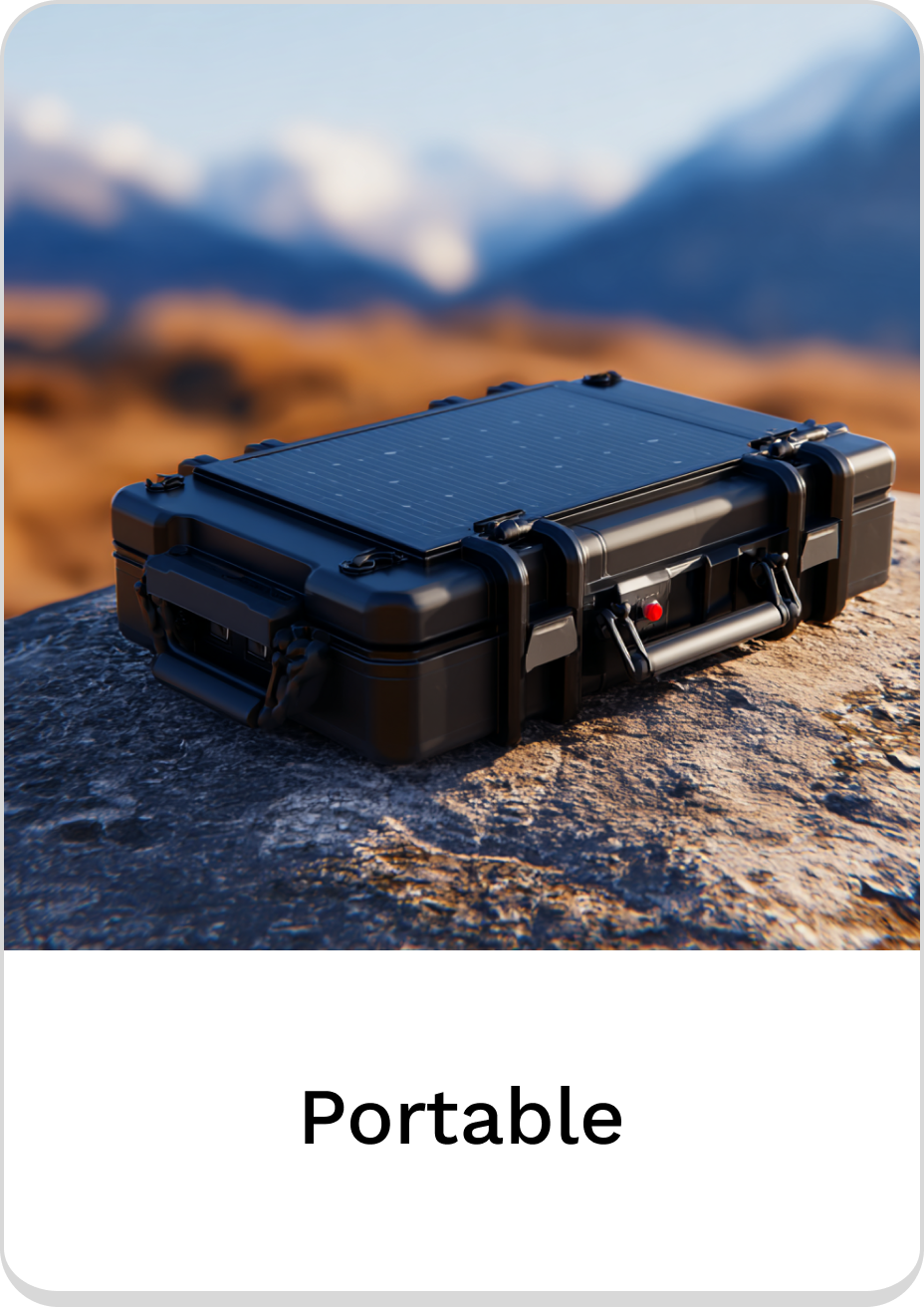 Durable portable solar-powered case ideal for outdoor adventures and travel.