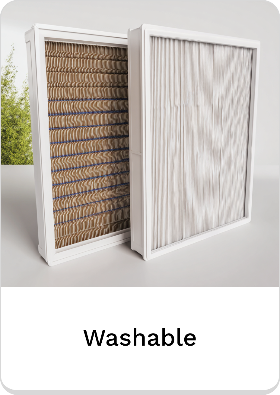 Washable air filters displayed, showcasing effective allergens removal and easy maintenance.