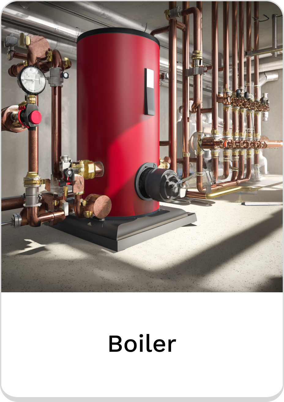 Red boiler system with copper piping and pressure gauges for efficient heating.