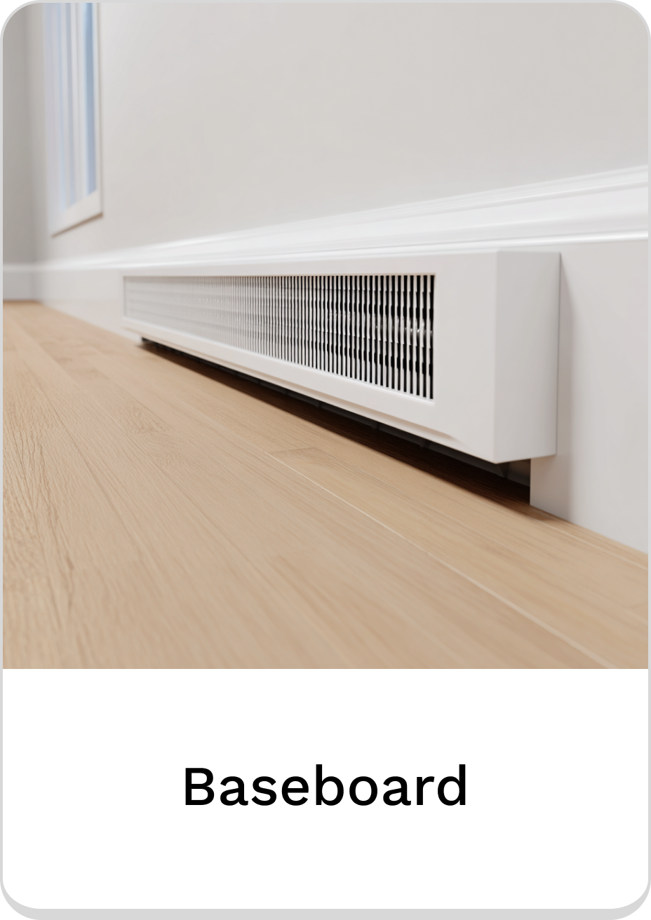 Modern white baseboard heater on light wooden flooring in a bright room.