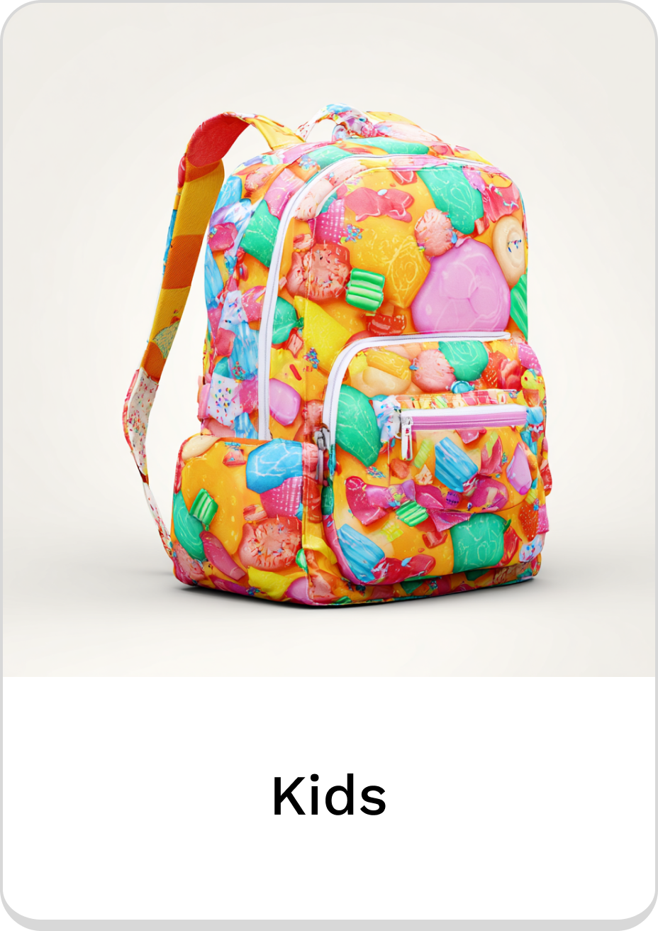 Vibrant kids' backpack featuring colorful sweet treats and playful designs.