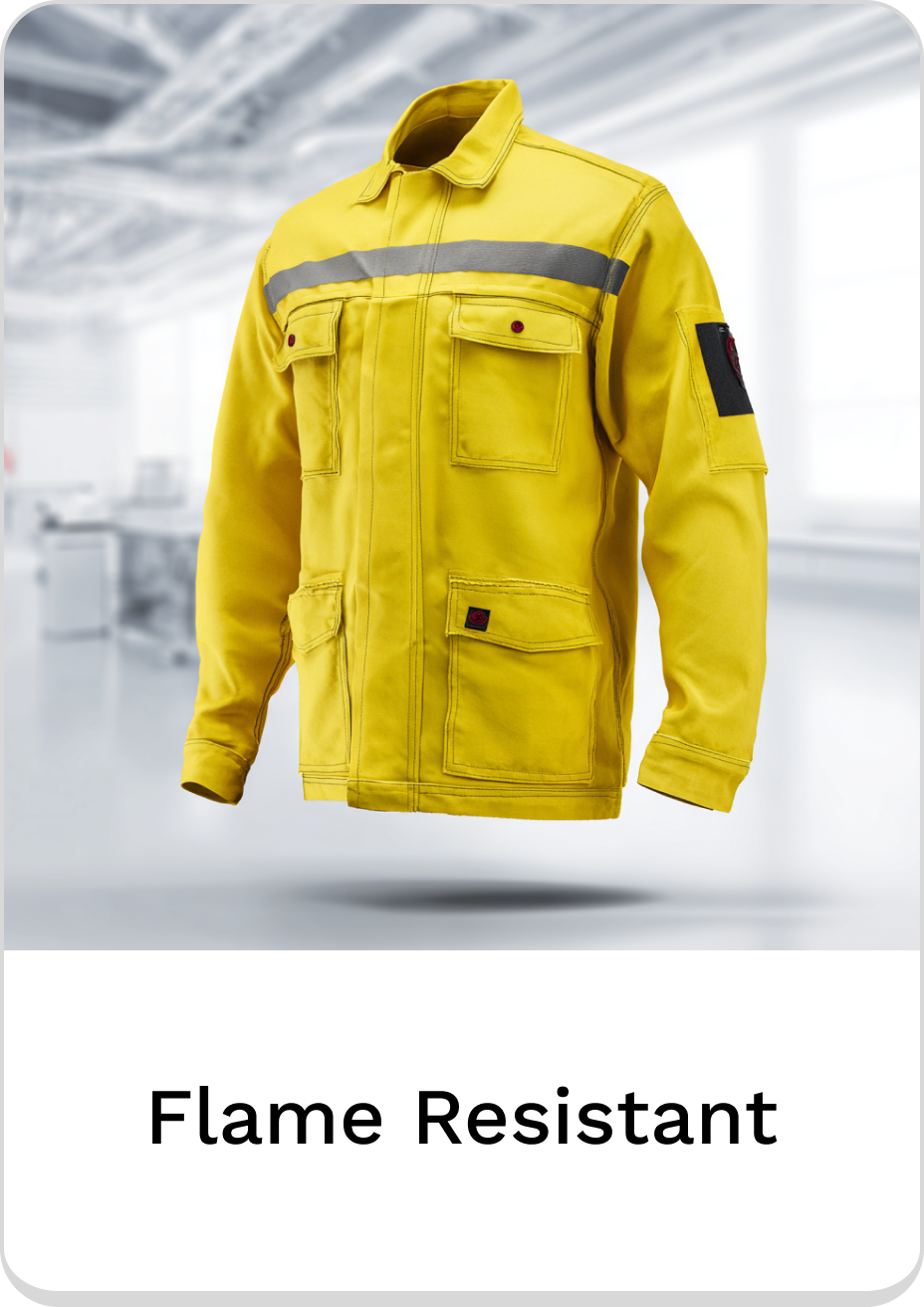 Bright yellow flame resistant jacket with reflective stripe for safety in hazardous environments.