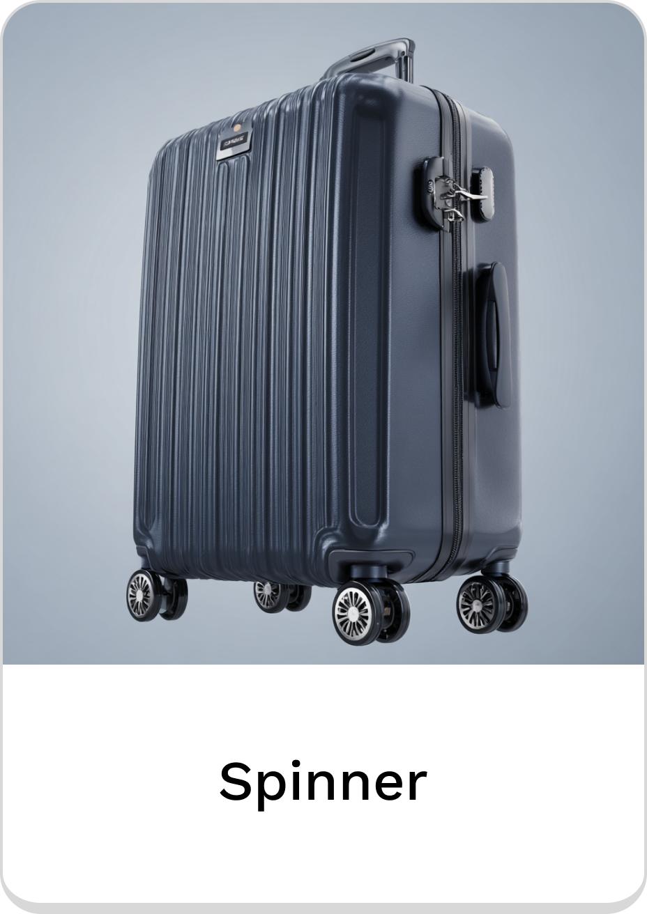 Stylish navy spinner suitcase with smooth-rolling wheels for easy travel.