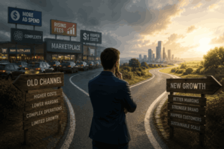 A businessman chooses between a saturated sales channel and a path toward sustainable growth.