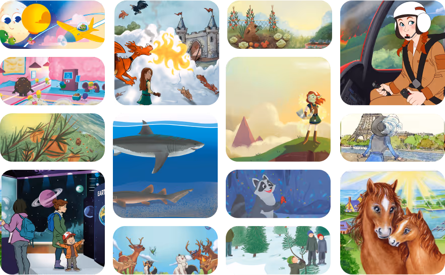 A collage of illustrated scenes from children's stories, including an airplane flying near the moon, a girl facing a fire-breathing dragon near a castle, a vegetable garden, a pilot in a cockpit, a colorful candy-themed room, underwater scenes with sharks, a girl standing on a mountain, a boy looking at the Eiffel Tower fountain, a museum visit with space exhibits, a raccoon in a forest, a pair of horses nuzzling, a forest winter scene, and animals gathered in a snowy clearing.