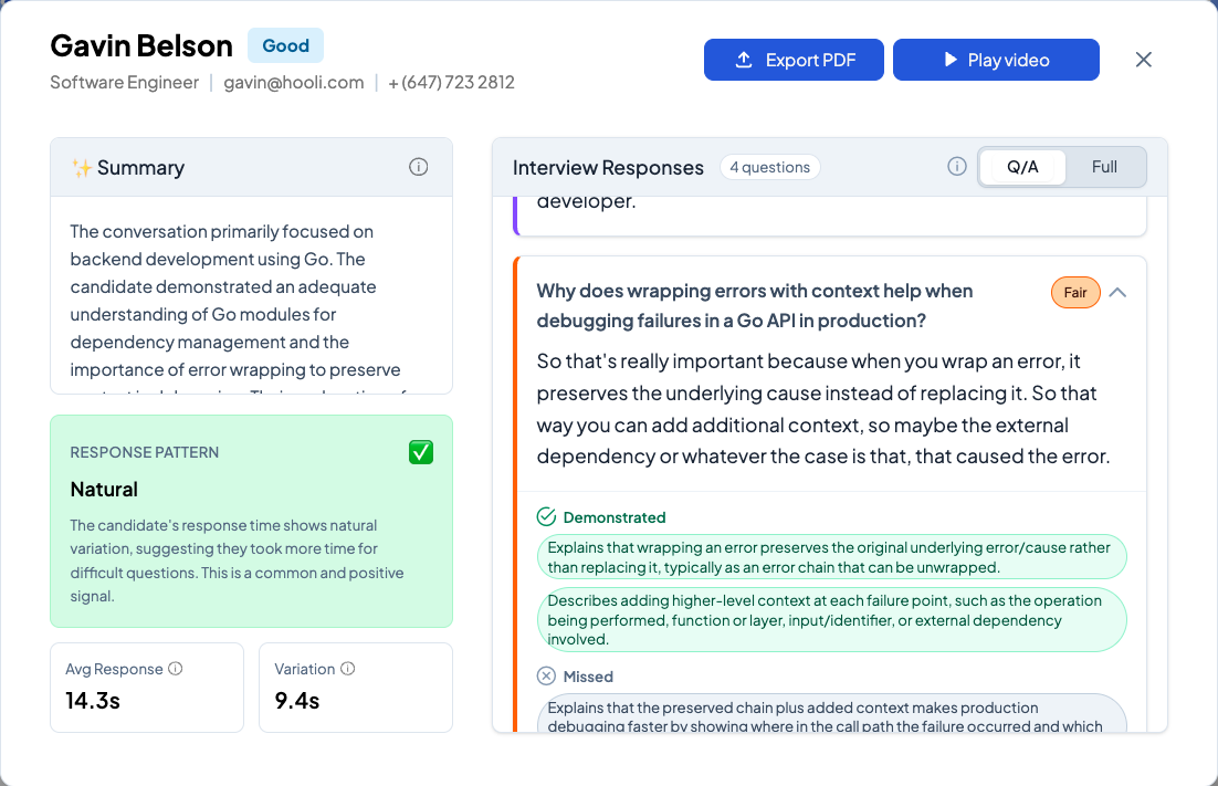 Interview report interface for Gavin Belson, software engineer, showing a summary, response pattern rated as natural, average response time of 14.3 seconds, and an interview response explaining the importance of wrapping errors with context in Go API debugging.
