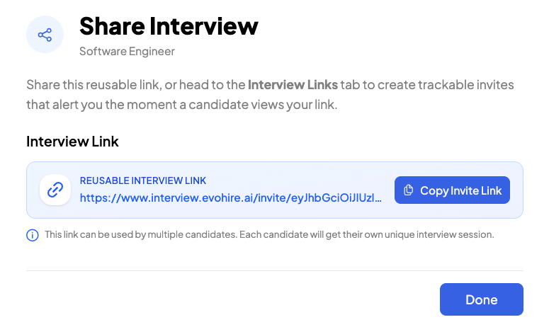 Interface for sharing a reusable interview link for Software Engineer role, showing a URL with option to copy the invite link and a Done button.