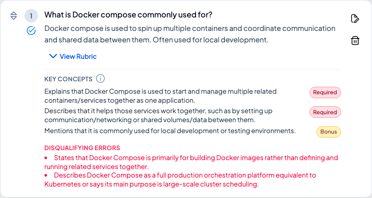 Screenshot of a question about Docker Compose use with an answer explaining its purpose for spinning up containers and coordinating communication, plus a rubric outlining key concepts and disqualifying errors.