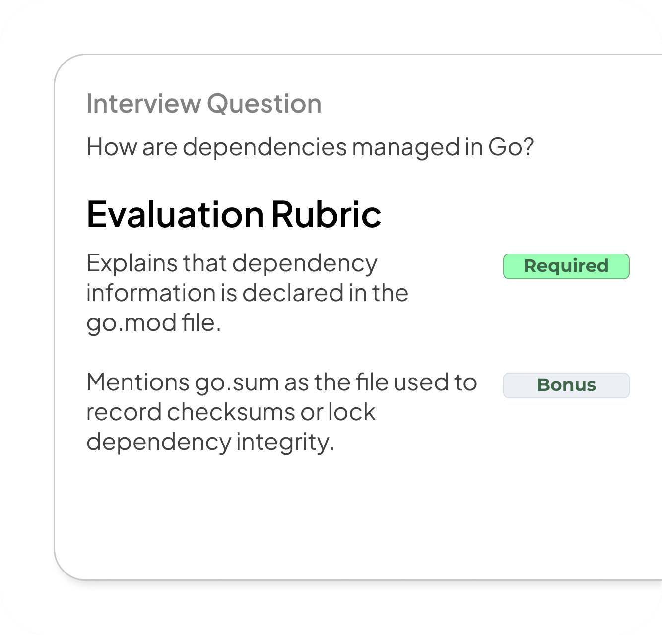 Interview question with a sample evaluation rubric showing two questions, one as required and the other as a bonus.