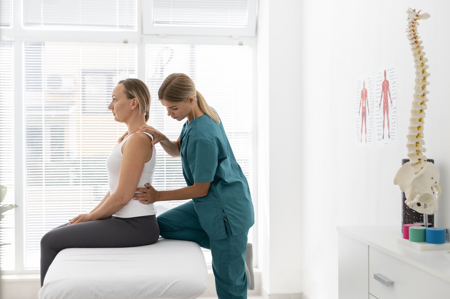 Physiotherapeutin behandelt den Rücken einer Patientin vor einer geplanten Operation – Erstgespräch und Anamnese mit Wirbelsäulenmodell in der PhysioWelt-Praxis