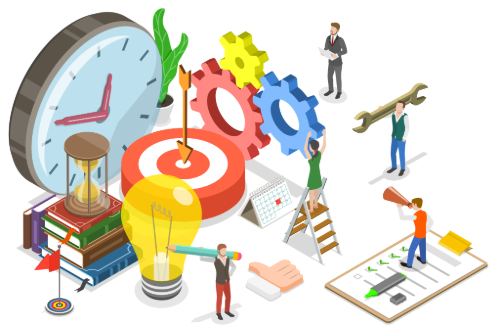 Illustration of miniature people working with clock, target, books, light bulb, gears, calendar, checklist, and tools symbolizing productivity and project management.