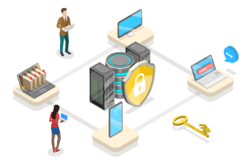 Illustration of network security with servers protected by a shield and connected to a computer, laptop showing password, file storage, smartphone, a person working, and a wireless key.