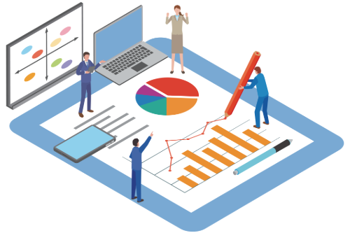 Illustration of four people analyzing charts, graphs, and a laptop on a large tablet screen.