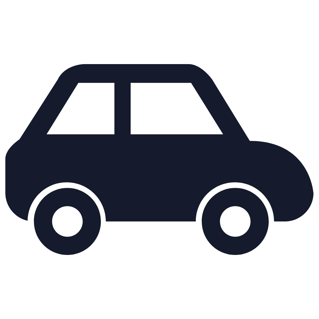 Simple black silhouette icon of a car with two windows and two wheels.