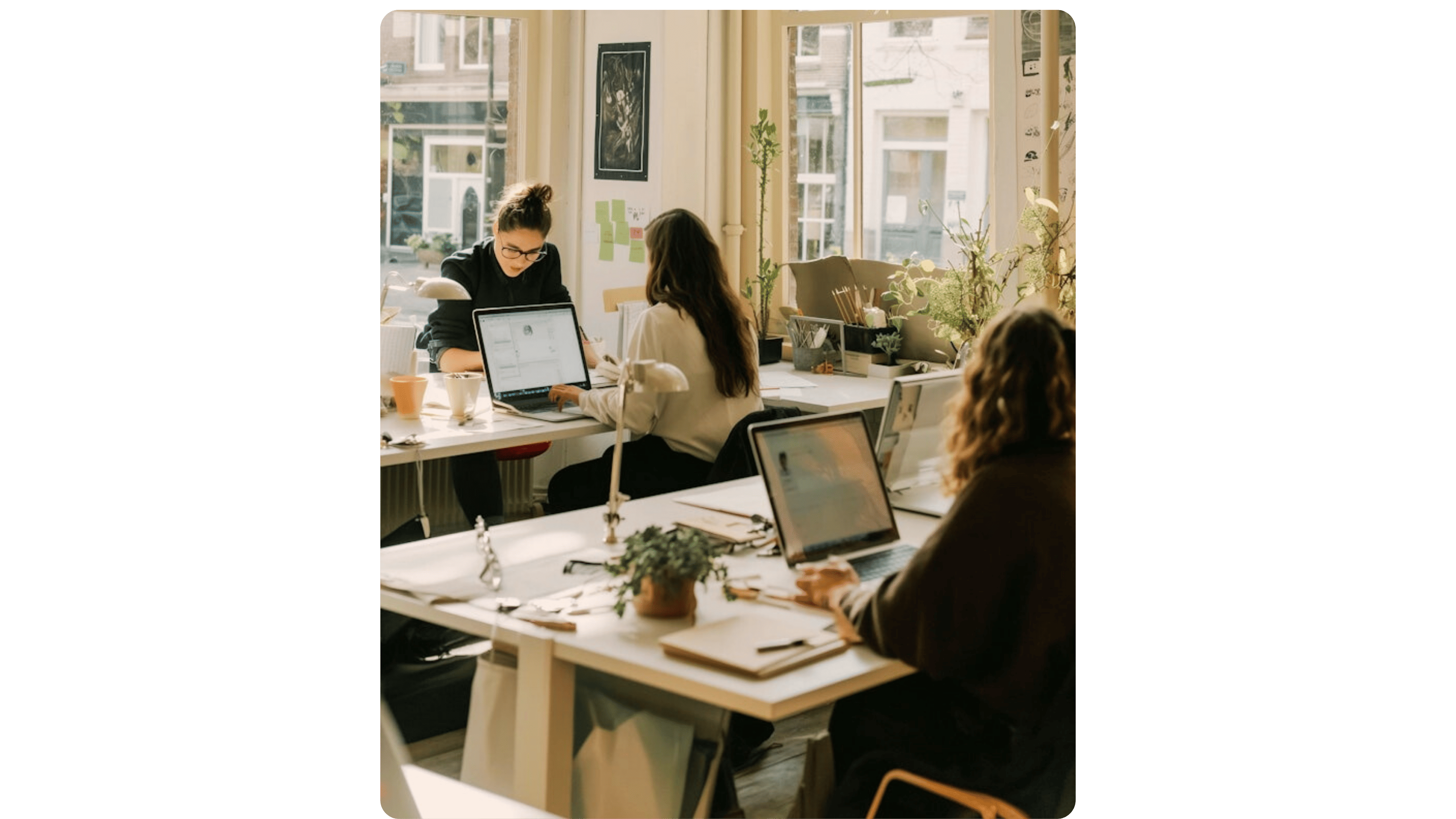 Three women working at laptops in a bright, modern office space with plants, large windows, and creative materials on the desks. The scene suggests a relaxed, collaborative setting.
