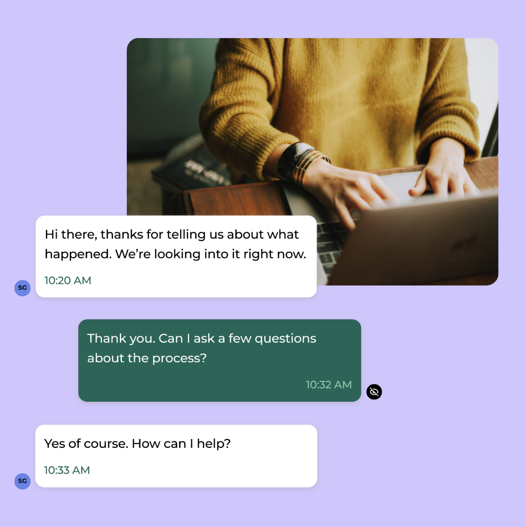 A chat interface with messages between an anonymous user and a case manager, overlaid on an image of a person typing on a laptop. The image is cropped to exclude the person's face, indicating anonymity.