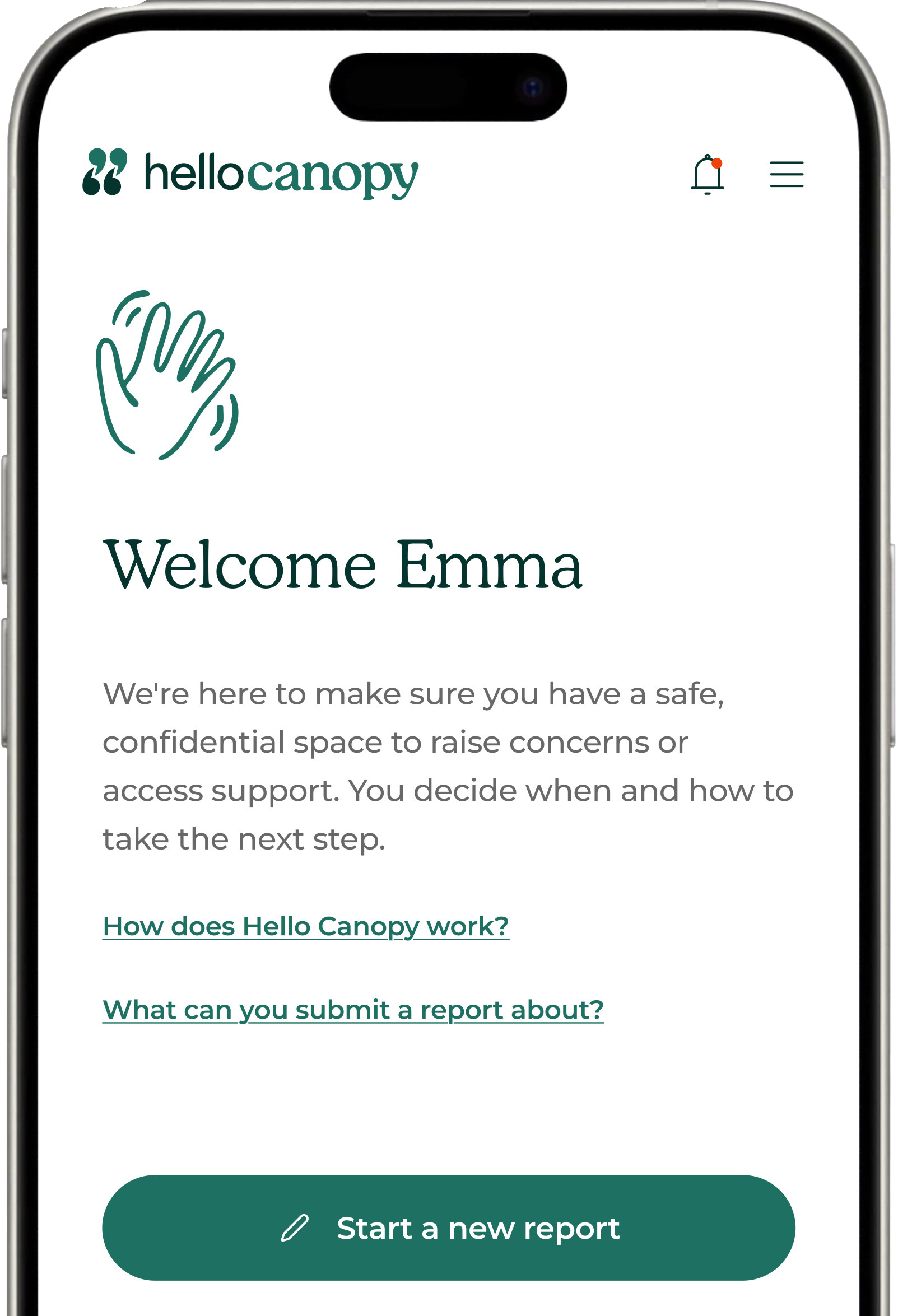 A mobile interface from Hello Canopy greets the user by name and with a waving hand icon, with calls-to-action including starting a new report and learning more about the platform’s purpose and submission guidelines.